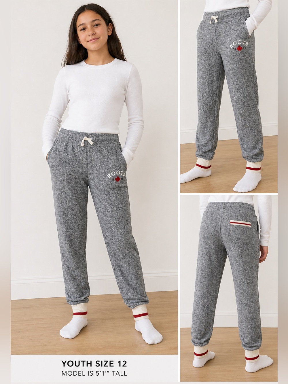 ROOTS Cabin Salt & Pepper Jogger Sweatpants Youth 12 Grey Cozy Lounge